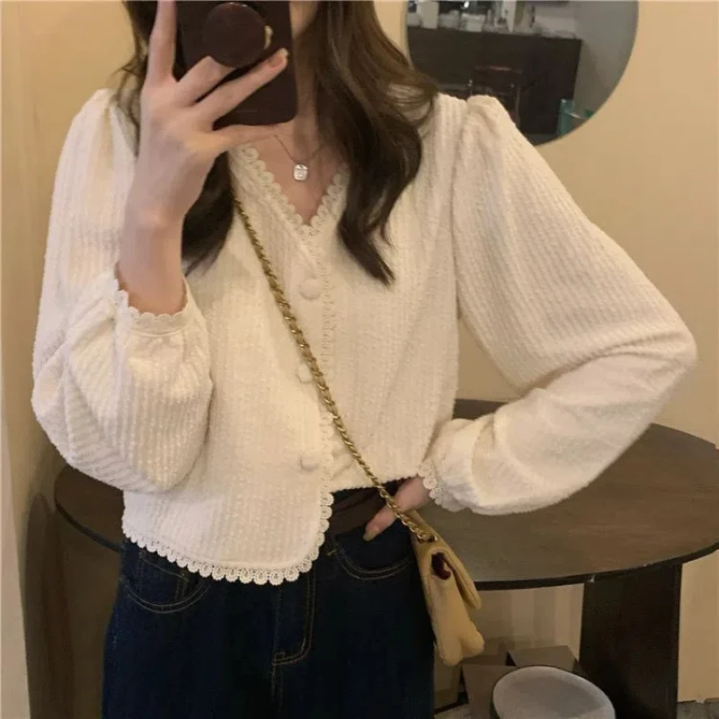 Korean Irregular Short Blouse Spring Autumn New Long Sleeve Solid Color V Neck Fashion Shirt Tops Elegant Sweet Women Clothing