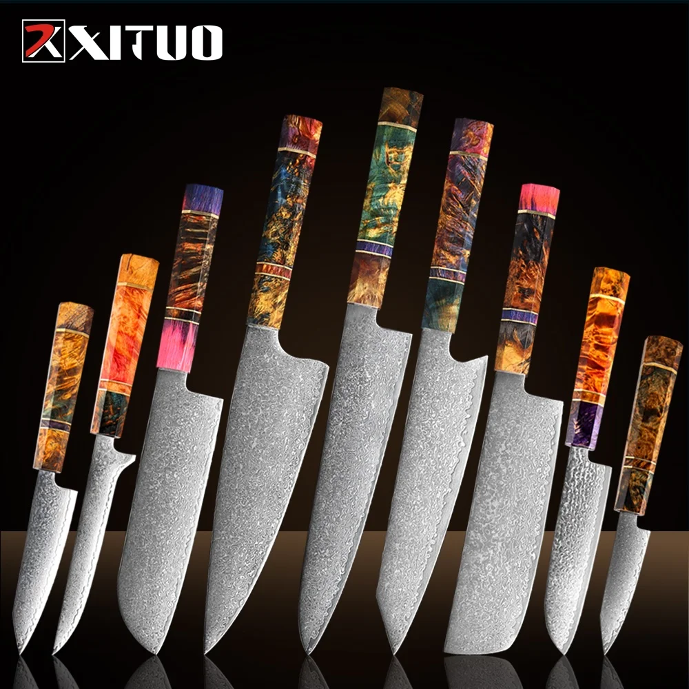 

XITUO 1-9 PCS Kitchen Knife Set,Hand Forged 67 Layers Damascus Steel Chef Knife Set,Ultra Sharp,Stabilised Wood Octagonal Handle