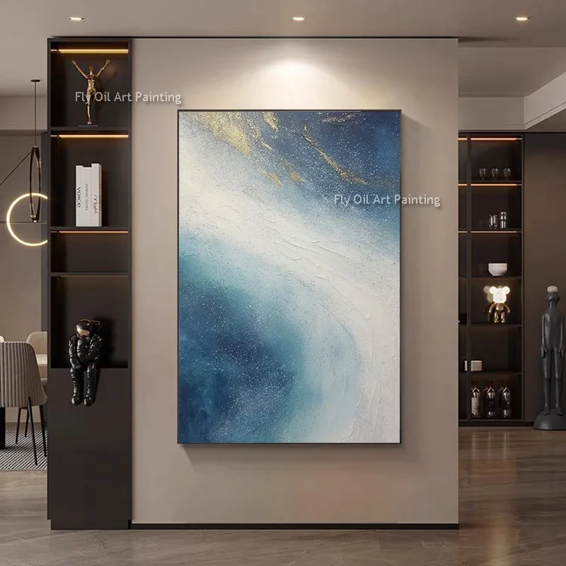 Blue And White Night Sky Stars Thick Oil Painting On Canvas Hand Drawn Gold Foil Wall Art Special Artwork For Living Room Decor