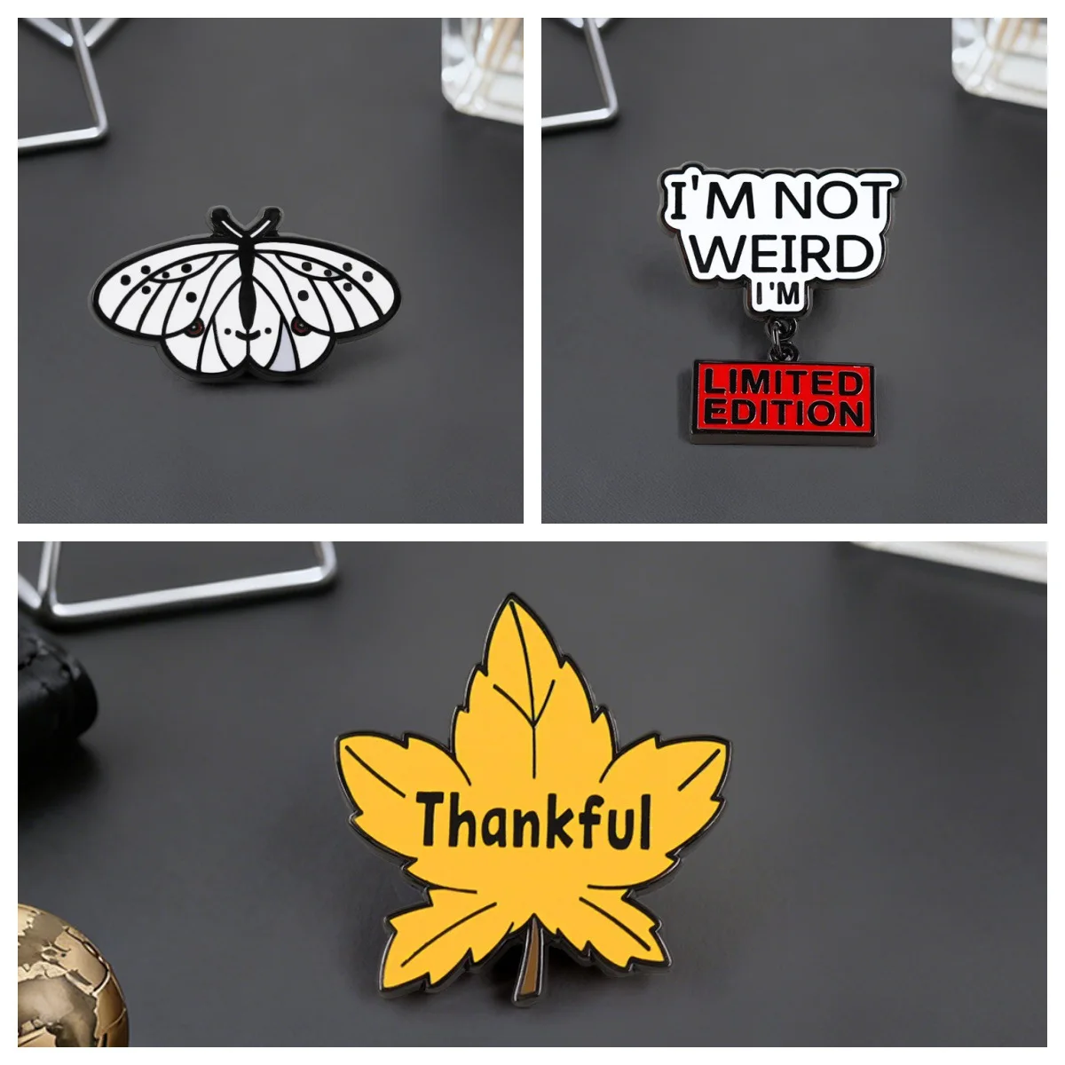 Enamel Pin Cartoon Moth Brooch Thankful Maple Leaf Text Badge Clothing Backpack Decorative Jewelry Gift