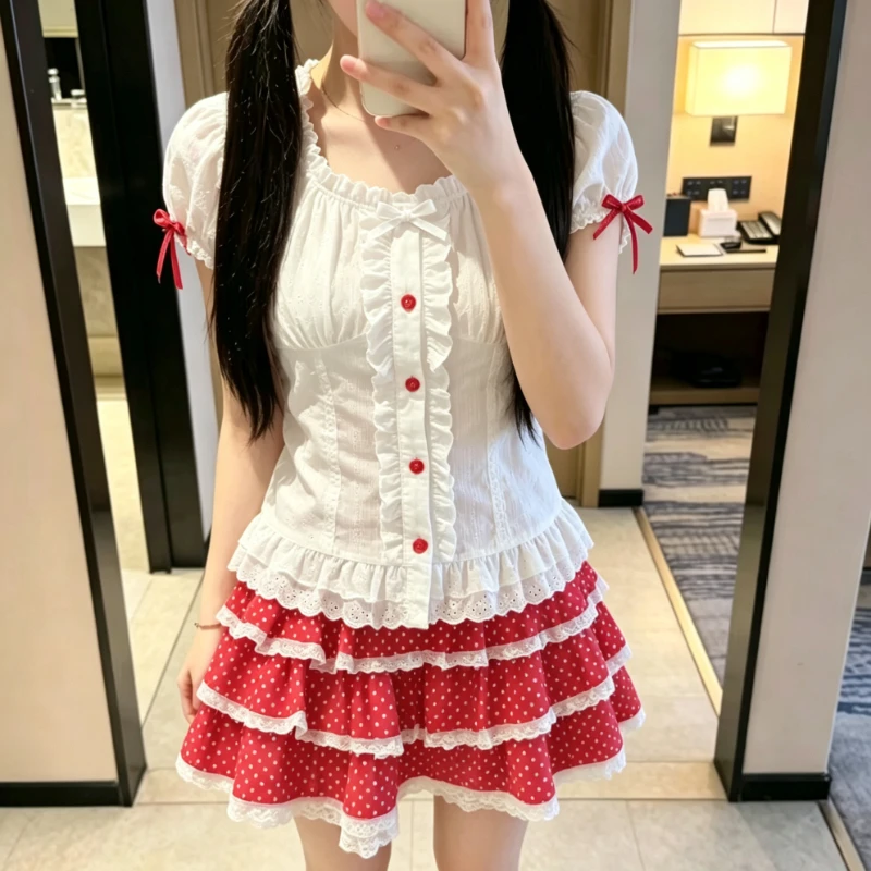 2026 Summer Kawaii College Matching Suits Women Sweet Short Blouse Mini Skirt Y2K Vintage Casual Daily Holiday 2 Piece Outfits