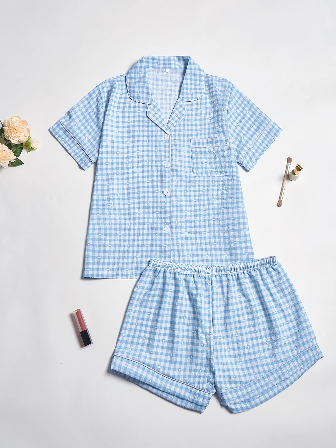 

Plaid & Heart Printed Pajama Set,Contrast Color Piping Lapel Collar Button-up Comfortable Leisure Sleepwear