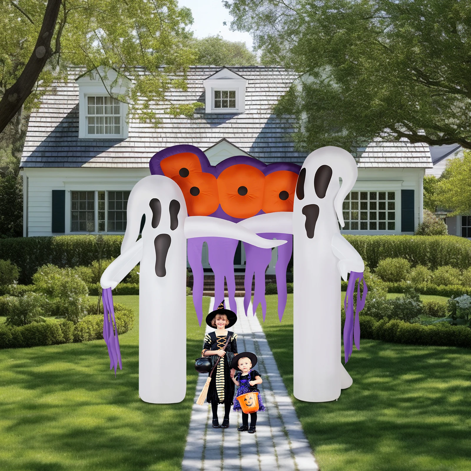 9.8ft White Ghost Arch with 3 LED lights and 2 colorful light panels, featuring Halloween inflatable decoration