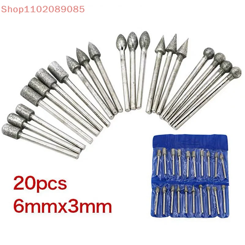 

Rotary Drill Tool Kit, 20pcs 3mm Shank Diamond Mini Grinding Heads Abrasion Tool