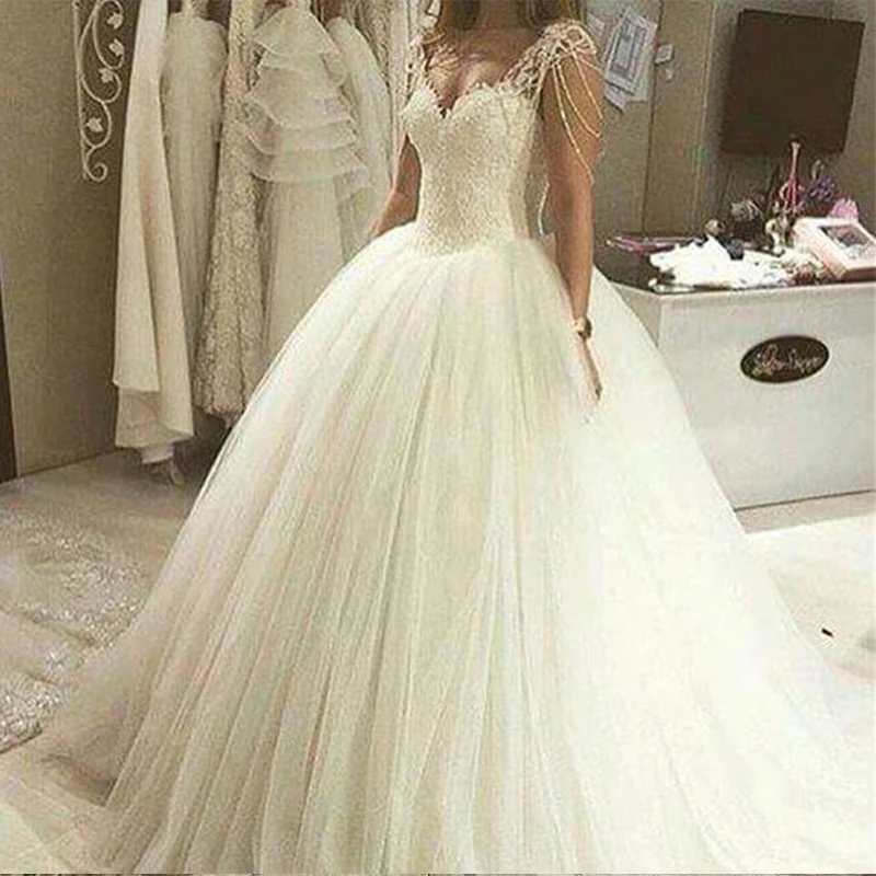 

ZJ9082 Heavy Small Pearls Beading Top White Wedding Dress Special Cap Sleeve Tassel Tulle Wedding Gown Sweetheart Bride Dresses