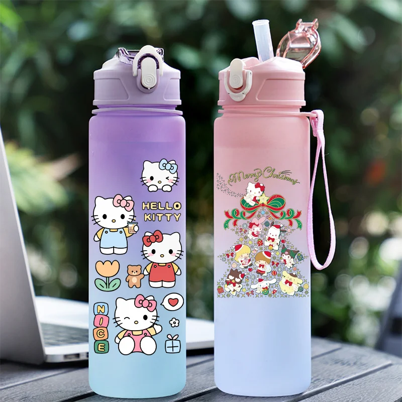 

750ML Straw Water Cup Hello Kitty Cute Water Bottle Gradient Color Plastic Drinking Bottle Men Women Perfect Travel Office Jugs