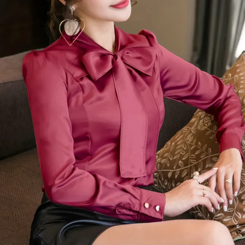 Spring Long Sleeve V Neck Bow Tie Satin Shirts Women Office Work Wear OL Satin Blouses Lady Bow Tie Chiffon Satin Tops