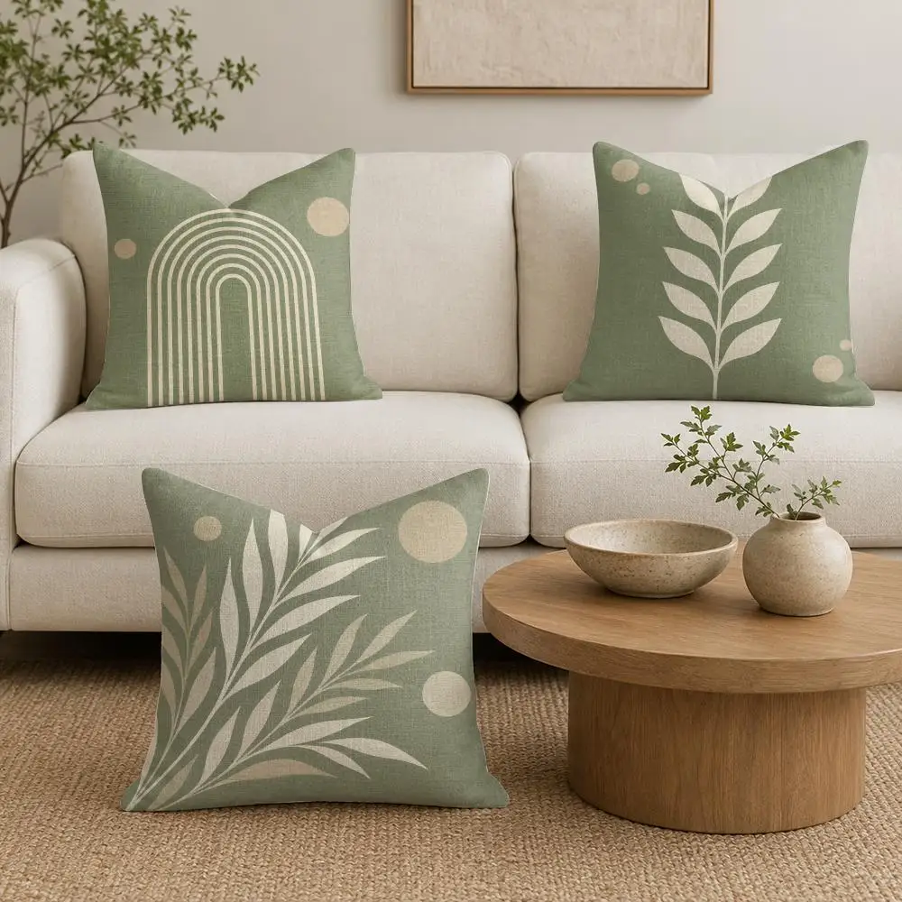 Sage Botanical Arches Cushion Cover Organic Linen Throw Pillow Cover - Double-Sided Print Breathable Cushion Case Home Decor