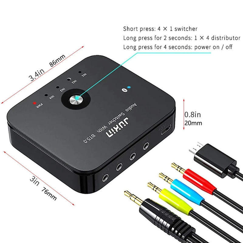 HIFI 4-Port 3.5Mm Stereo AUX Switcher 3 In 1 OUT Wireless Music Bluetooth 5.0 Receiver Bluetooth Audio Adapter