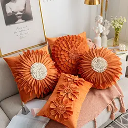 3D Floral Handmade Velvet Cushion Cover 30x50/45x45CM Girl's Heart Style Small Daisy Sunflower Plush Pillowcase Home Decoration