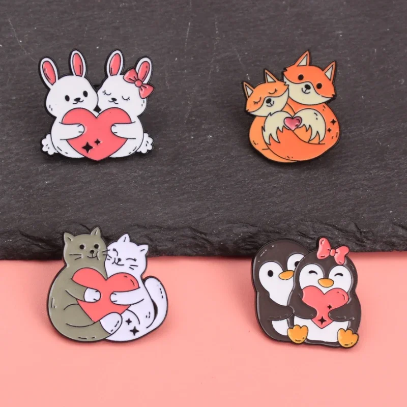 1pc Creative BFF Valentine's Day Animal Badge Cute Penguin Cat Rabbit Fox Cartoon Brooch Clothing Pendant-Brooch