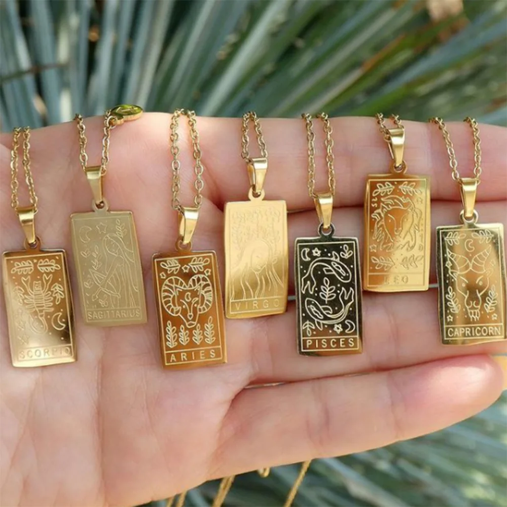 Colgante de tarjeta de Tarot cuadrado de acero inoxidable para mujer, collar de doce constelaciones, cadena de clavícula chapada en oro, regalos de horóscopo