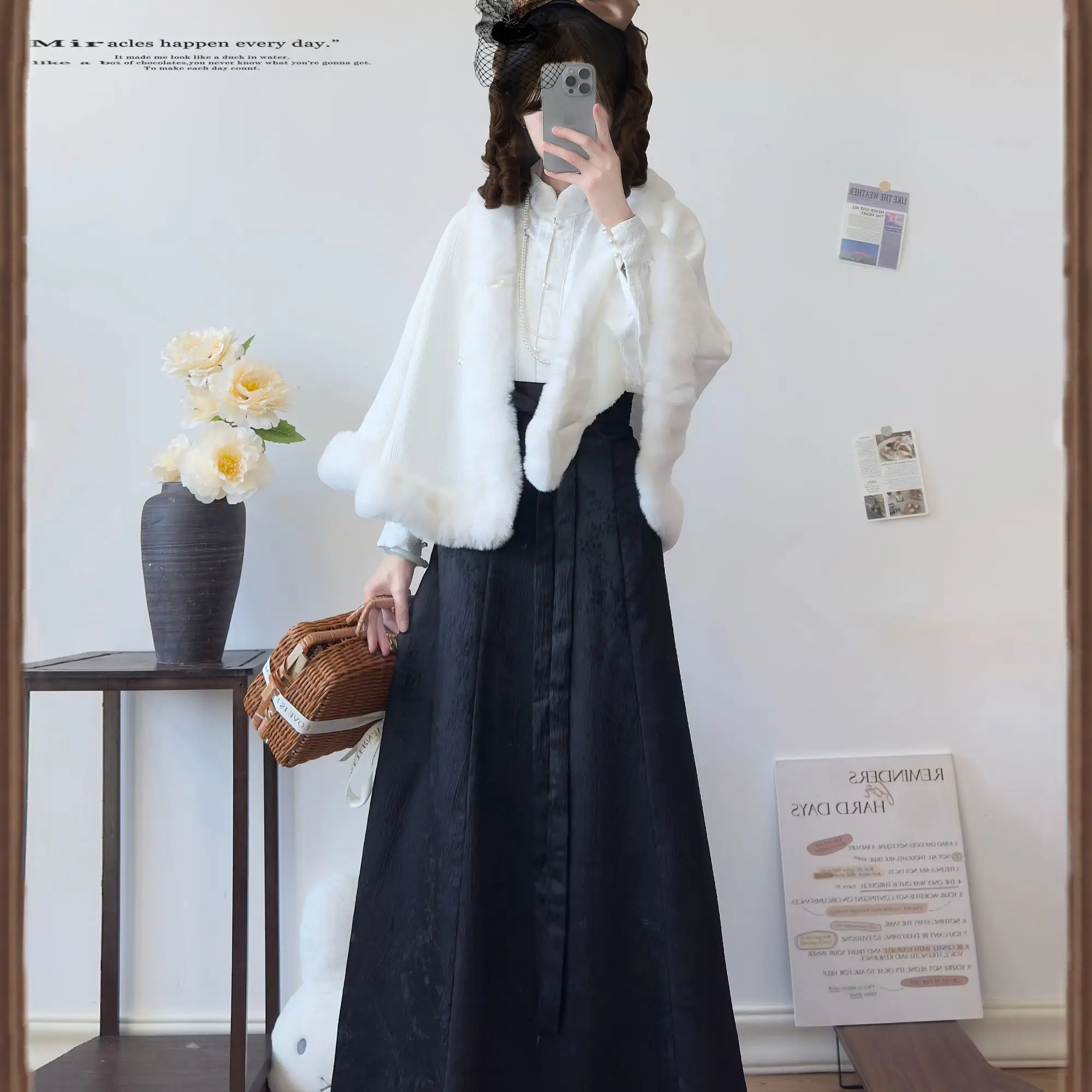 Original Women Hanfu Set, Han Element Cape & Stand Collar Top, Waist-high Paneled Skirt for Daily Chinese Costume Female Hanfu