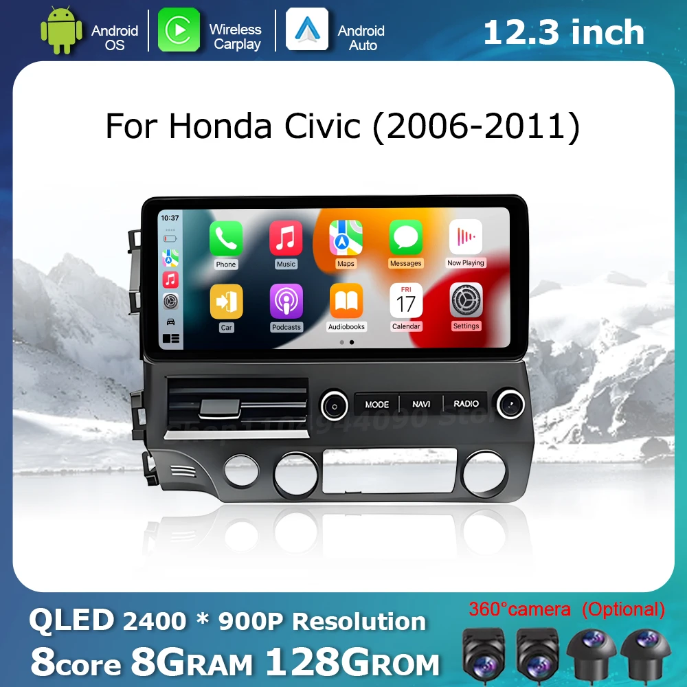 

QLED 2400 * 900P Display Screen for Honda Civic 2006-2011 Wireless Carplay Android OS Car Multimedia Radio Player GPS Navi WiFi