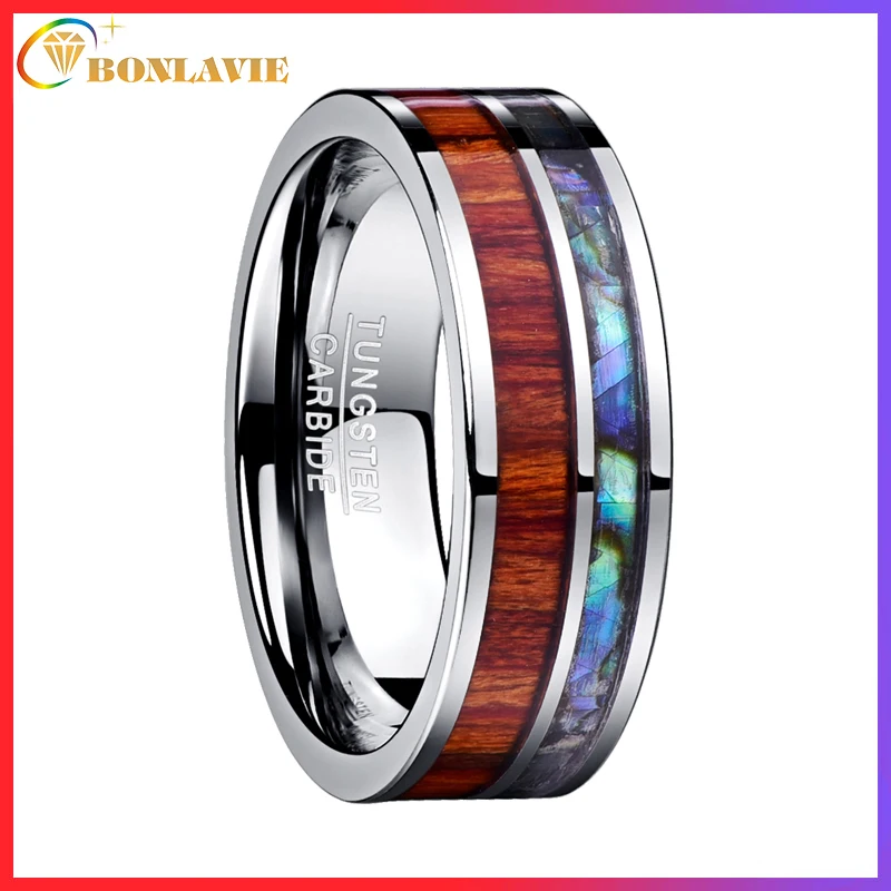 

BONLAVIE 8mm Width Polished Wood Grain And Shell Men Rings Jewelry 100% Tungsten Steel Ring Man's Valentine's Day Gift Jewelry