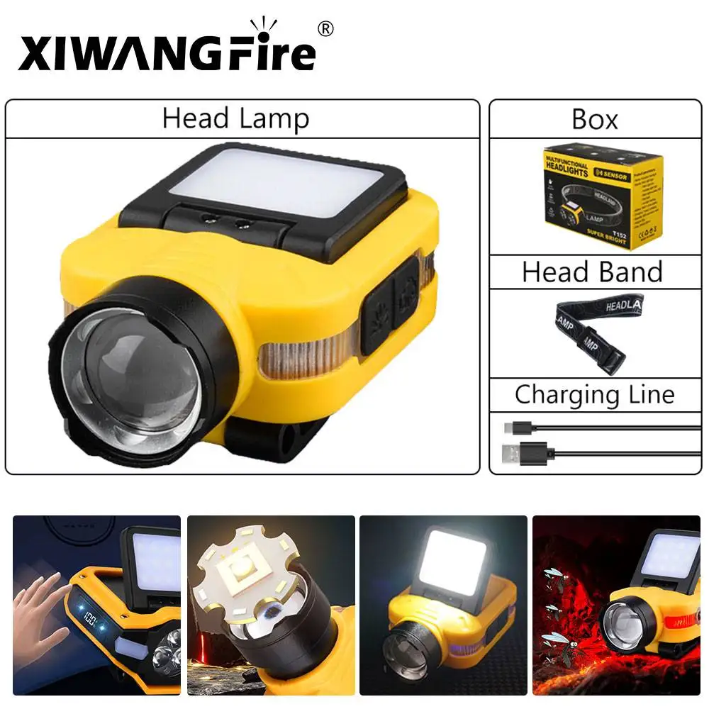 

Zoom Induction Headlamp COB Sensor Head Lamp Built-in Battery Flashlight USB Rechargeable Head Torch 5 Lighting Modes Headlight