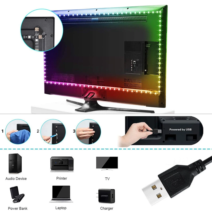 Flexível USB LED Strip Light, Fita de lâmpada, 3Key, Fita RGB, 1m, 2m, 3m, 4m, 5m, DC5V, Decoração, TV Backlight, 5050