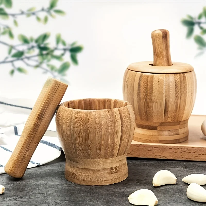 Garlic Mortar and Pestle Premium Bamboo 1 Set Effortless Spice Grinder for Garlic Herbs Chili Rust-resistant Kitchen Tool