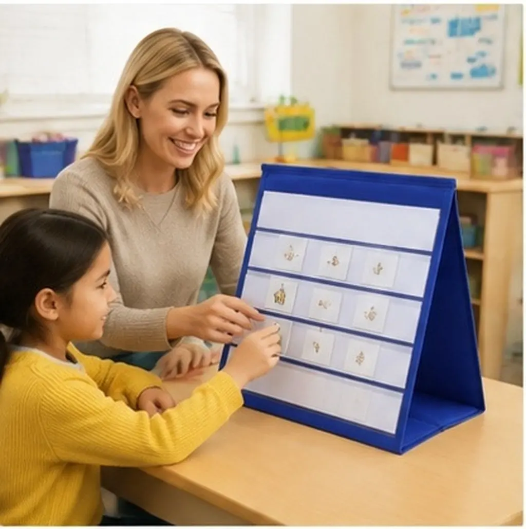 Desktop Pocket Chart Stand Double Sided Tabletop Classroom Chart Organizer Stand for Teacher Schedule Routine Anchor Calendar