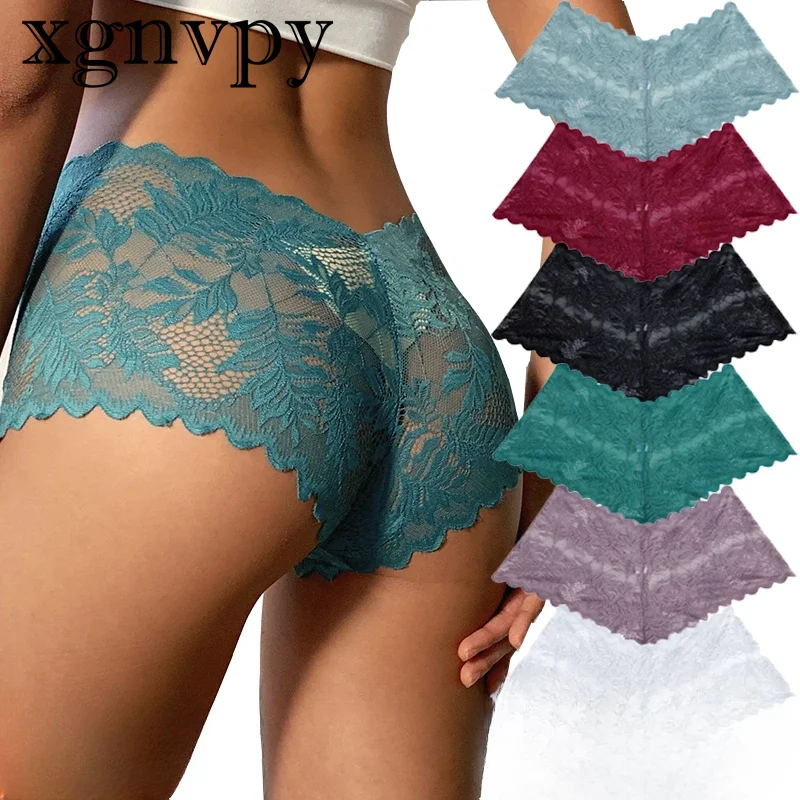 xgnvpy Women Sexy Lace Panties Floral Perspective Uderwear Solid Color Intimates Boyshort Female Waist Breathablle Soft Lingerie