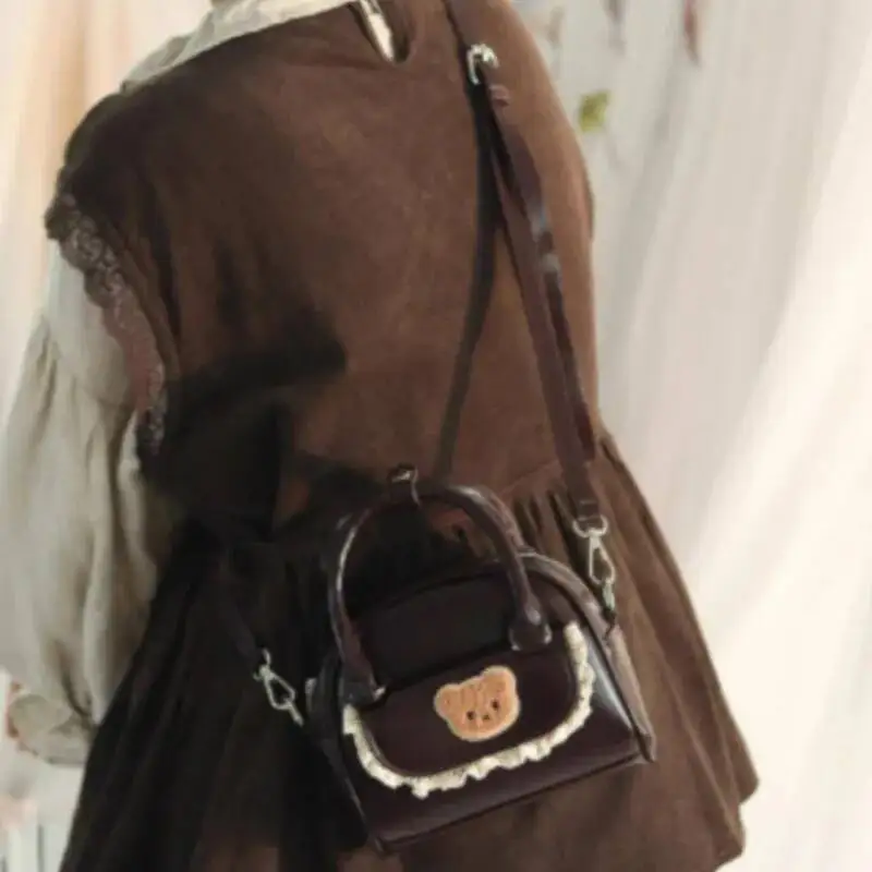 Bloom Haruku Brown Messenger Women Retro Bear Embroidery Handle Crossbody Bags Ladies Vintage Sweet Cute Hand Bag Chic