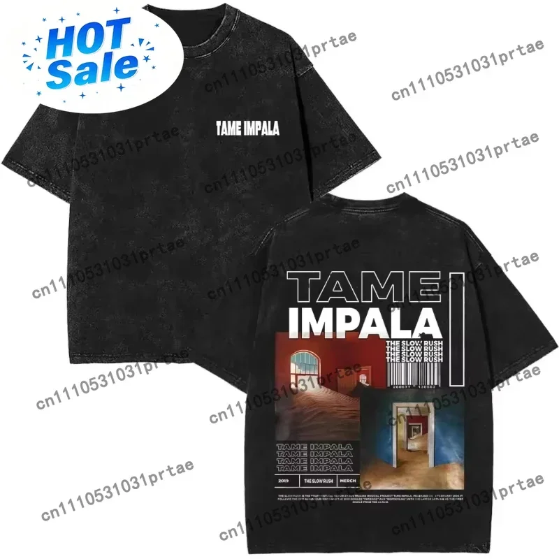 Washed Vintage Tame Impala Graphic Print T-shirts Men's Clothing Pop Rock Band T-shirt Men Women Fashion Retro T Shirt black