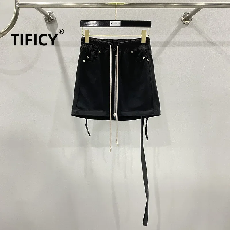 TIFICY High Street Cotton Artistic Solid Color Cowboy Short Skirt Women's Black Street Trendy Artistic Cotton Half Skirt