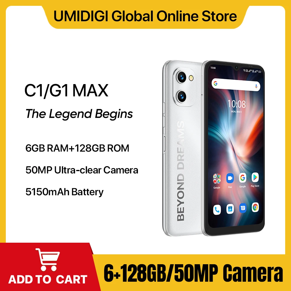 UMIDIGI-C1/G1 Max touristes epiSmartphone Unisoc T610 Octa-Core 50MP Caméra 5150mAh Batterie 6 Go + 128 Go Téléphone Portable