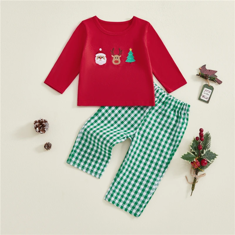أطفال طفل الفتيات الفتيان 2 قطعة ملابس عيد الميلاد طويلة الأكمام التطريز قمم وسراويل منقوشة مجموعة طفل الأطفال الملابس الشتوية #2