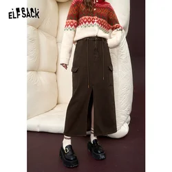 ELFSACK High Waist Cargo Split Skirt Women 2023 Winter New Korean Fashion Bottom