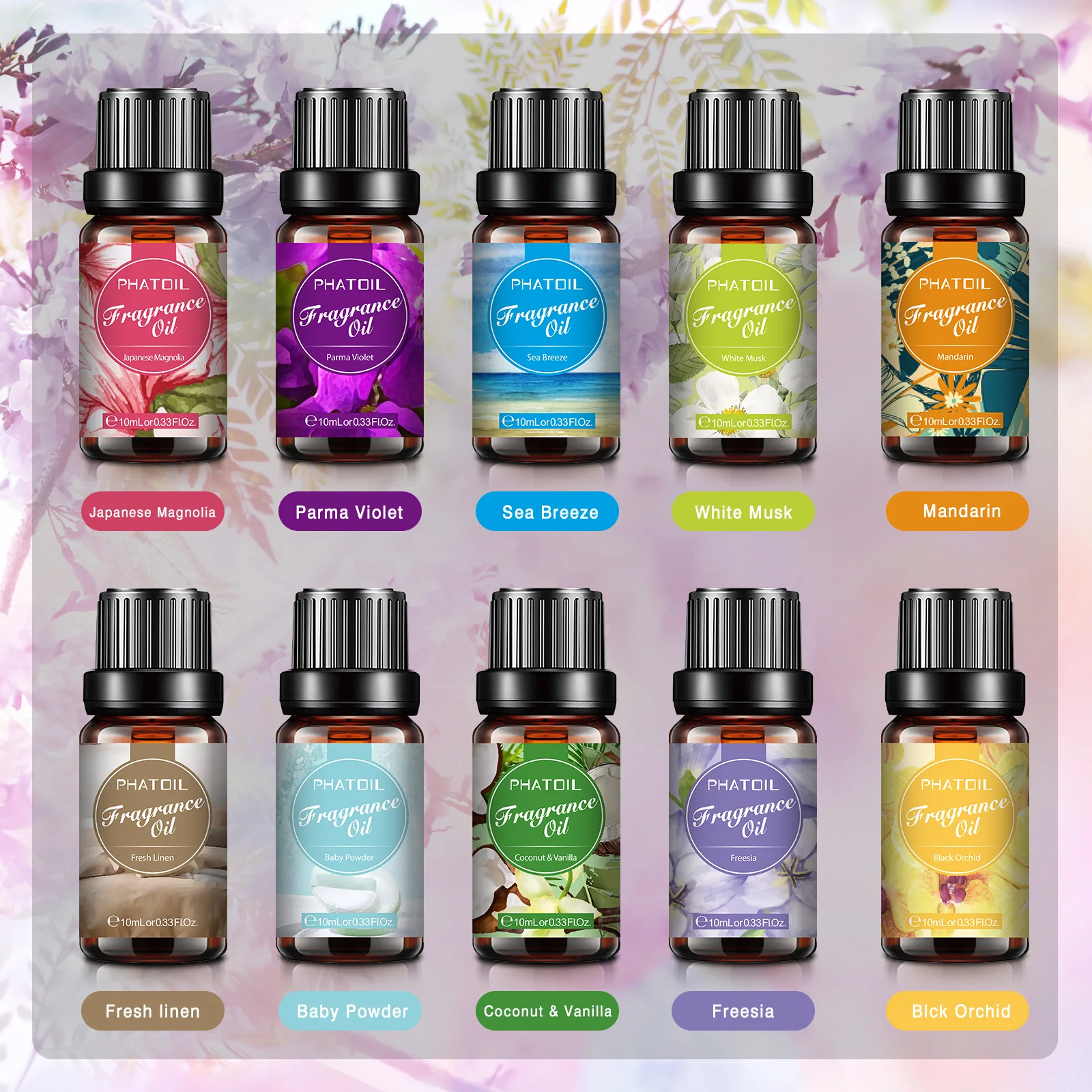 PHATOIL 10 Bottles Fragrance Oil Set -10ml White Musk Coconut & Vanilla Fresh Linen Mandarin Sea Breeze Black Orchid Aroma Oils