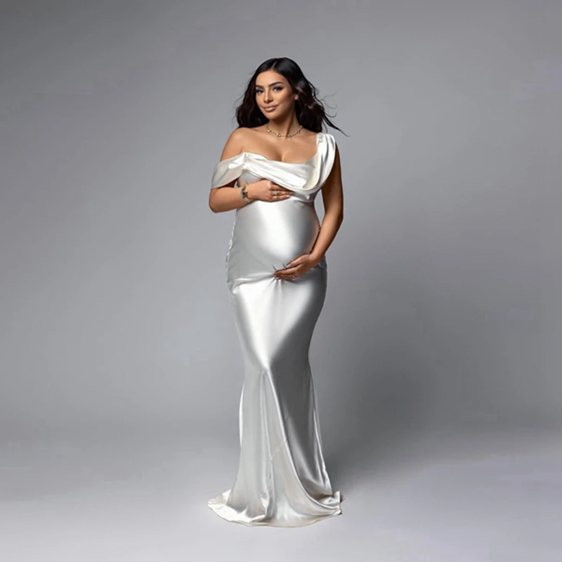 Elegant White Satin Mermaid Pregnancy Dresses For Photography Simple One Shoulder Long Maternity Dress Custom Made MaternityGown