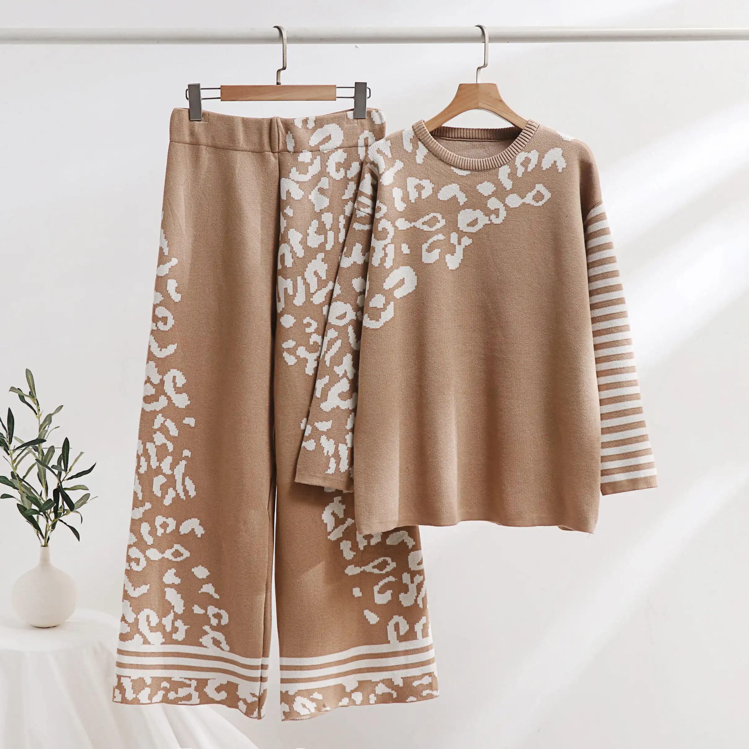 Women Knitted Loose 2 Piece Sets Long Sleeve O-Neck Sweater and Wide Leg Pants Outfit Casual Office Set Autumn Winter Homewear