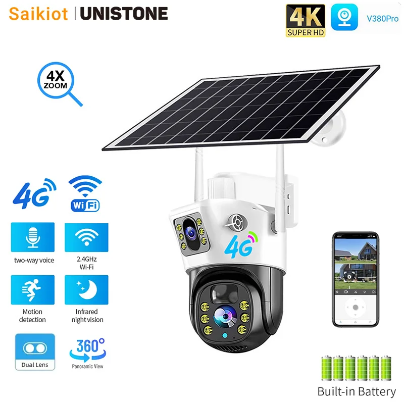 

Saikiot V380 Pro 4K 8MP 4G Dual Lens Solar PTZ Camera WIFI Solar Powered CCTV Security Outdoor Waterproof V380 Pro AI 4G Camera