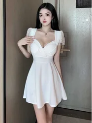2023 Summer Women's Sexy Mature Lace spliced Short Sleeve Deep V Low cut Fashion Waist retraction Solid color A-line Dress 2ZW6