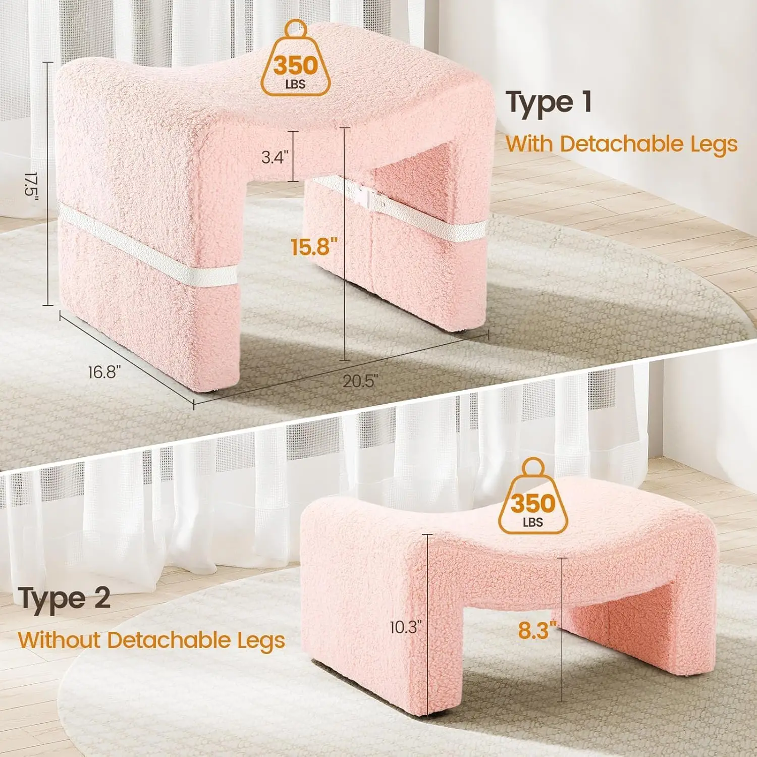 Stool Chair, Sherpa M-Shaped Ottoman Foot Rest with Detachable Legs & Side Belt, Foot Stool with Soft Boucle Fabric Seat for Mak