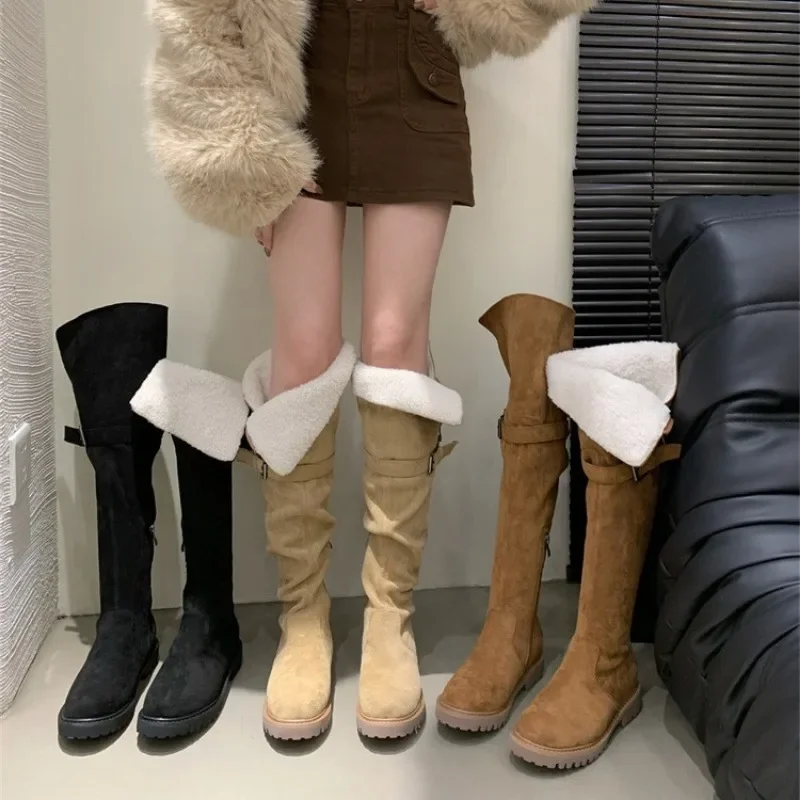 Sexy Women's Boots Over The Knee Flock Fashionable Minimalist Lamb Wool Plush Brown Princess Snow Boots Square Heel Women Shoes