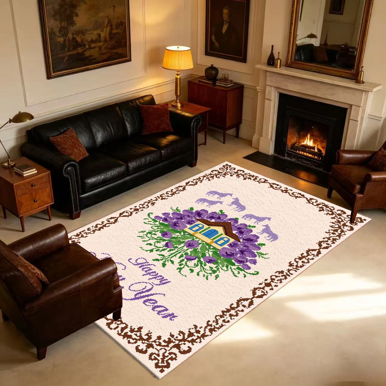 Cross-Stitch Art Printed Carpet, Vintage Decorative Carpet, Home Living Room Bedroom Indoor Floor Carpet