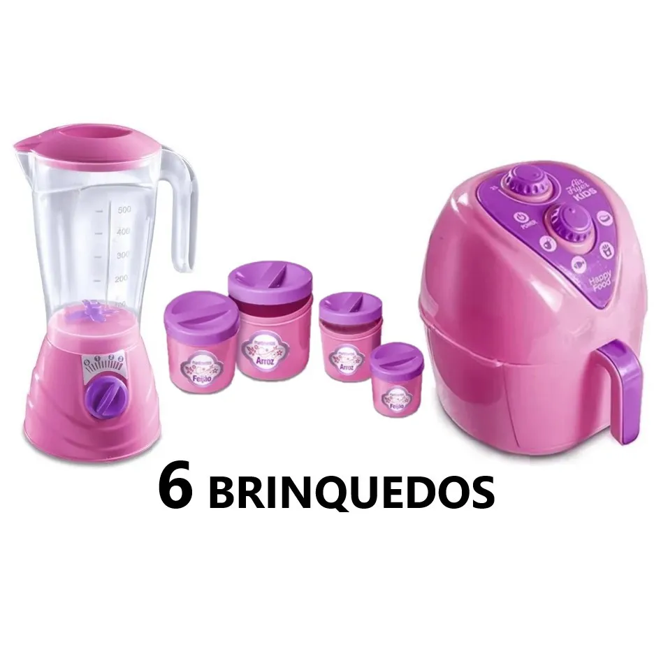 Kit Cozinha Infantil with 6 Brinquedos Airfryer, Potes de Mantimentos Arroz, Feijão, Açucar and Café and Liquidificador