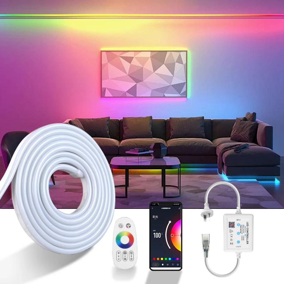 

AU Plug RGB Светодиодный неоновый свет 220 В Гибкая светодиодная лента RGB Неоновая Tuya WiFi RF Панель управления Наружное освещение Водонепроницаемая веревочная лента