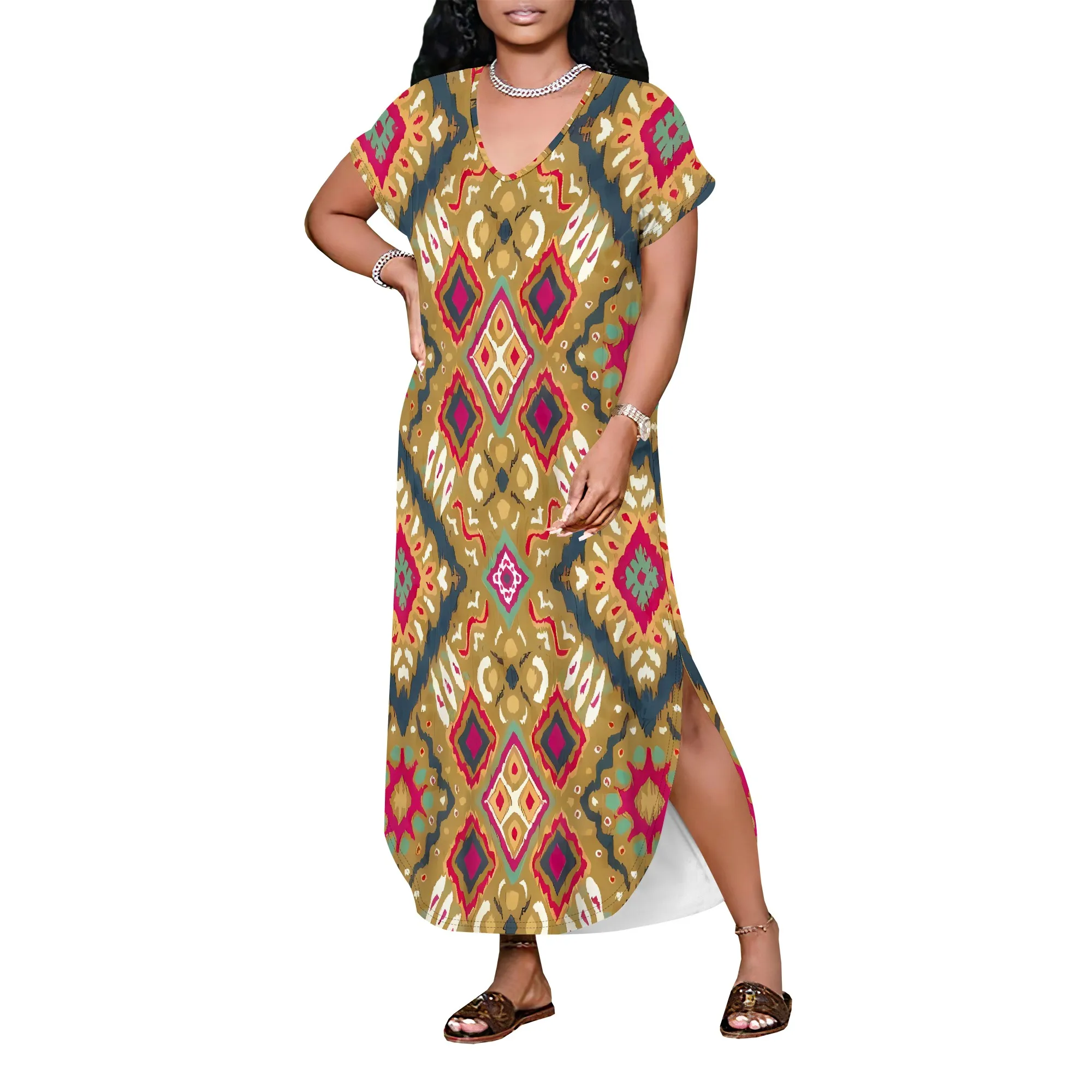 Nupusa Abito lungo da donna Boho con stampa etnica Abito lungo estivo casual con spalle scoperte e vestibilità ampia con tasche