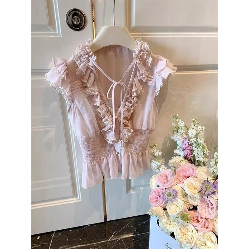 

Розовые рубашки MEXZT Kawaii для женщин, укороченные шифоновые блузки с рюшами в стиле Cutecore, летние модные корейские топы с кружевной шнуровкой и рукавами-крылышками