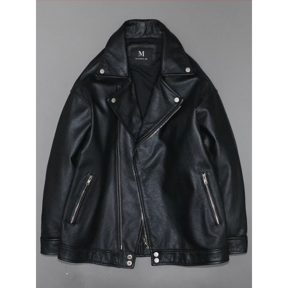 

Genuine Cow Leather Jacket For Men Korean Style Loose Dropped Shoulders Cotton Padded Motor Jacket Plus Size Casual Outwear