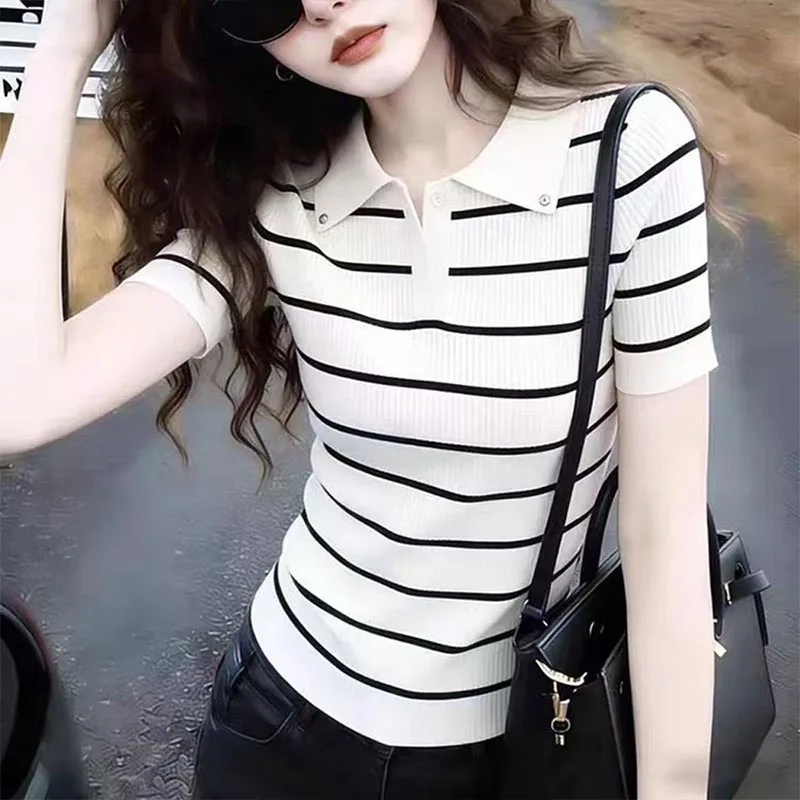 

Summer Elegant All-match Turn-down Collar Knit T-shirt Women Clothing Fashion Slim Black White Stripes Pullover Office Lady Tops
