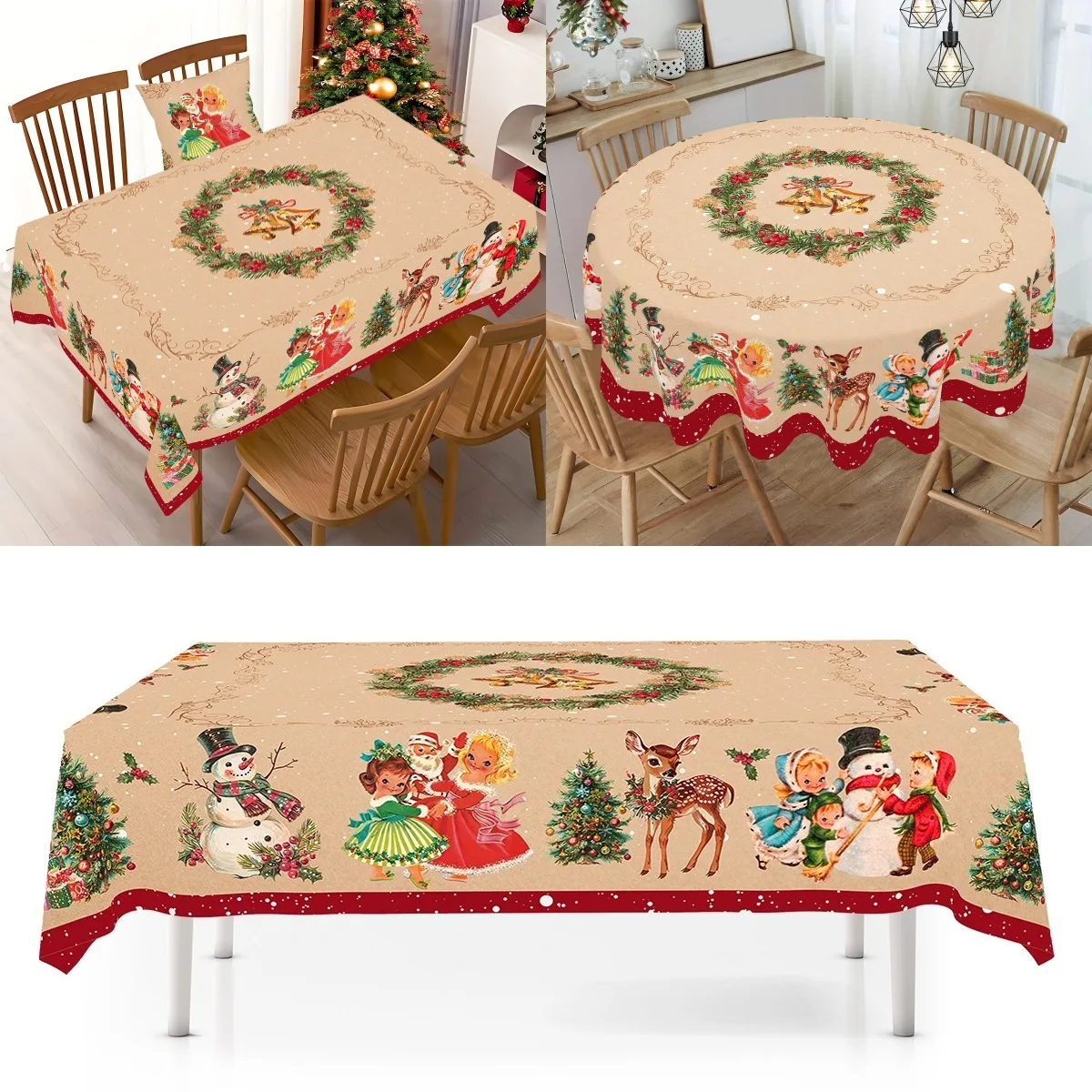 Vintage Weihnachtstischdecke, Schneemann, Elch, Tischdecke, Weihnachtsdekoration für Zuhause, 2025, Weihnachtsgeschenke, Navidad Noel, Neujahr 2026