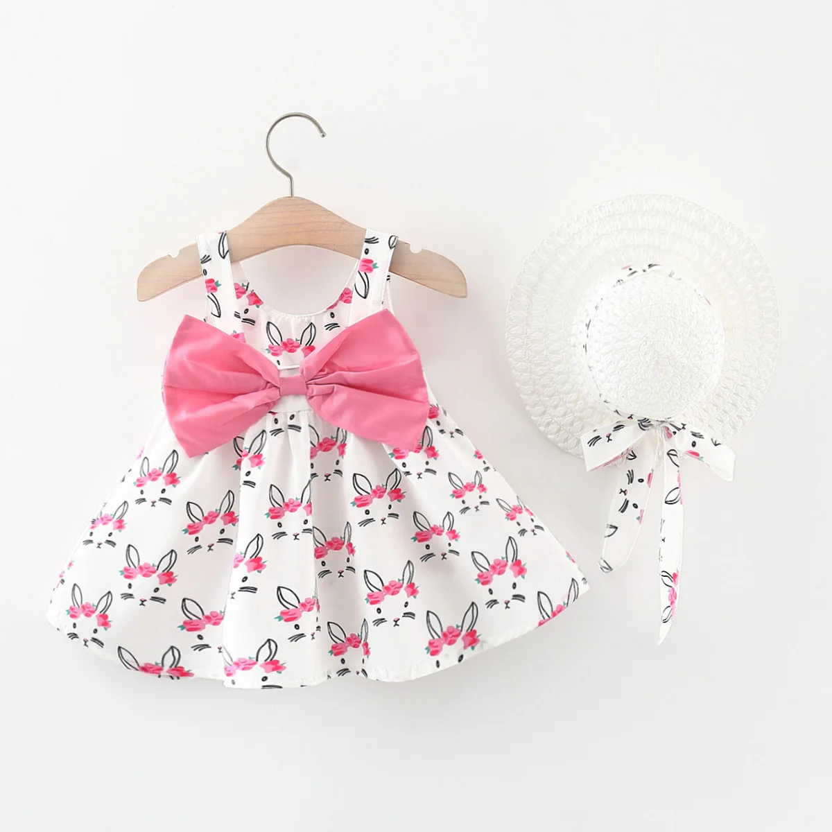 PatPat 2pcs Baby Girl Bow Front Pretty Rabbit Print Tank Dress & Hat Set