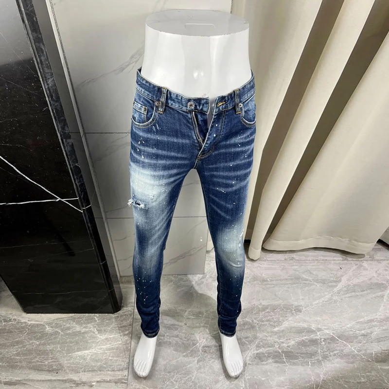 الشارع مصمم أزياء الرجال الجينز عالية الجودة الرجعية الأزرق تمتد سليم صالح ممزق الجينز الرجال العلامة التجارية خمر Y2K الدنيم السراويل Hombre