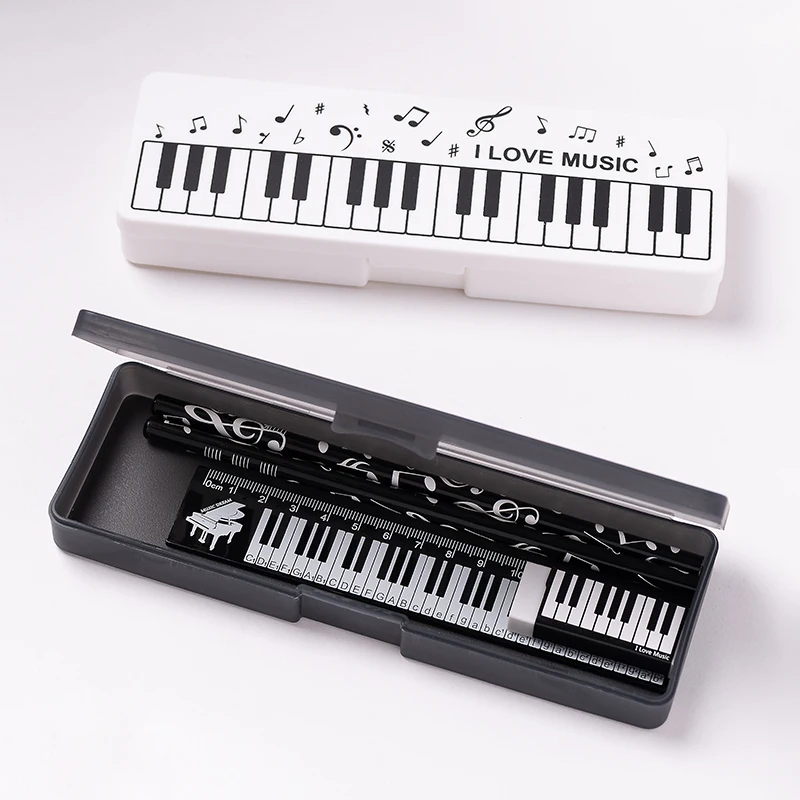 Musiknoten Feder mäppchen Set Klavier tastatur Ich liebe Musik note Bleistift Radiergummi Lineal Klavier Geschenkset Briefpapier Set