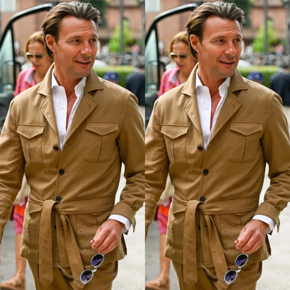 2 Pieces Belted Multi Pocket Safari Suit For Men Khaki Lapel Jacket Trousers Outdoor Casual Hunting Blazer Outfit Customized