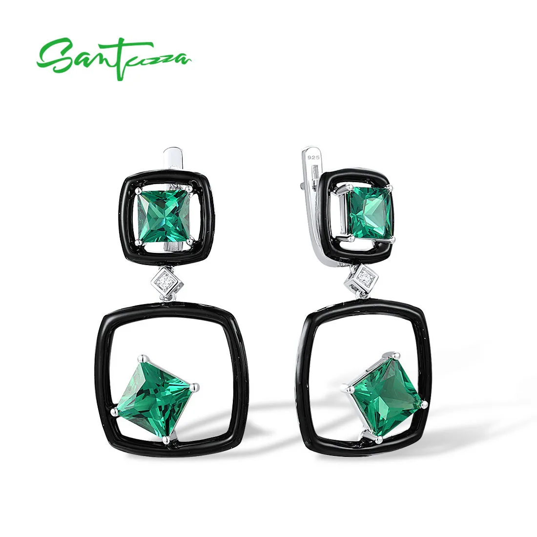 

SANTUZZA Real 925 Sterling Silver Earrings For Women Green Spinel White CZ Square Dangling Modern Fine Jewelry Handmade Enamel